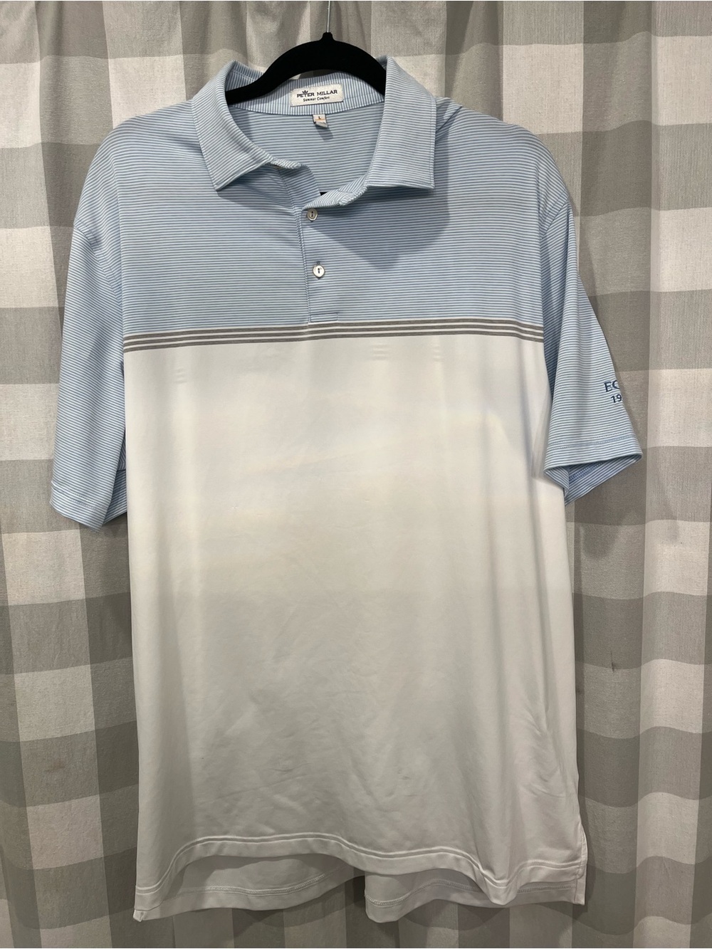 Peter Millar Light Blue and White Horizontal Block Stripe Polo